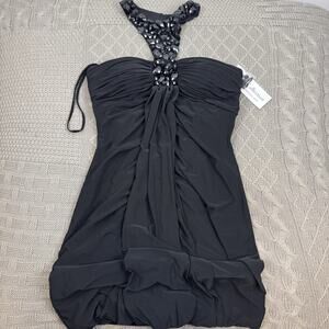 LM Collection Black Beaded Halter Bubble Mini Cocktail Dress Size 2